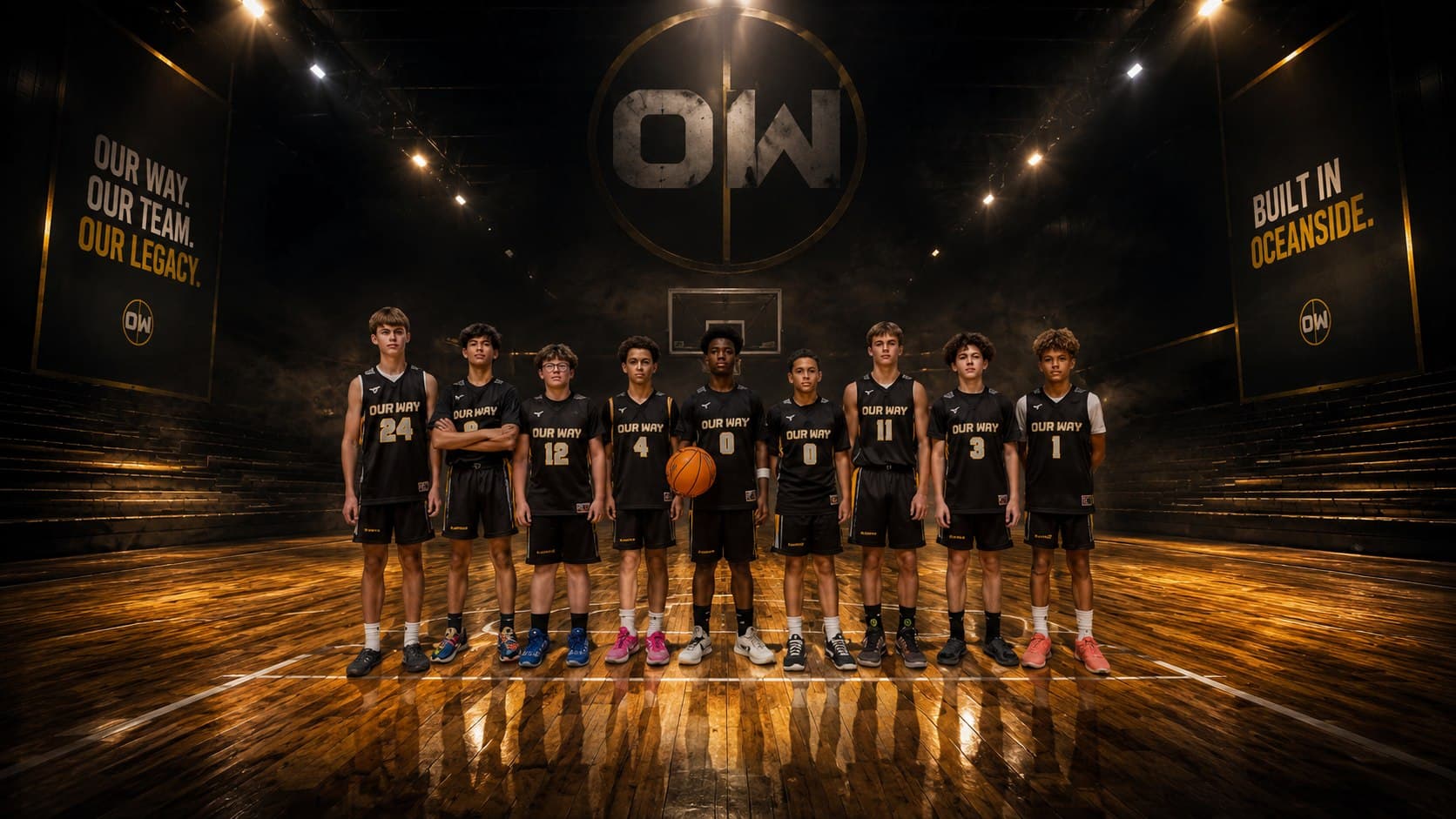 OW players in black Our Way jerseys lined up on a dark floor beneath the OW roundel, beside the program’s lines: Our Way. Our Team. Our Legacy. and Built in Oceanside.