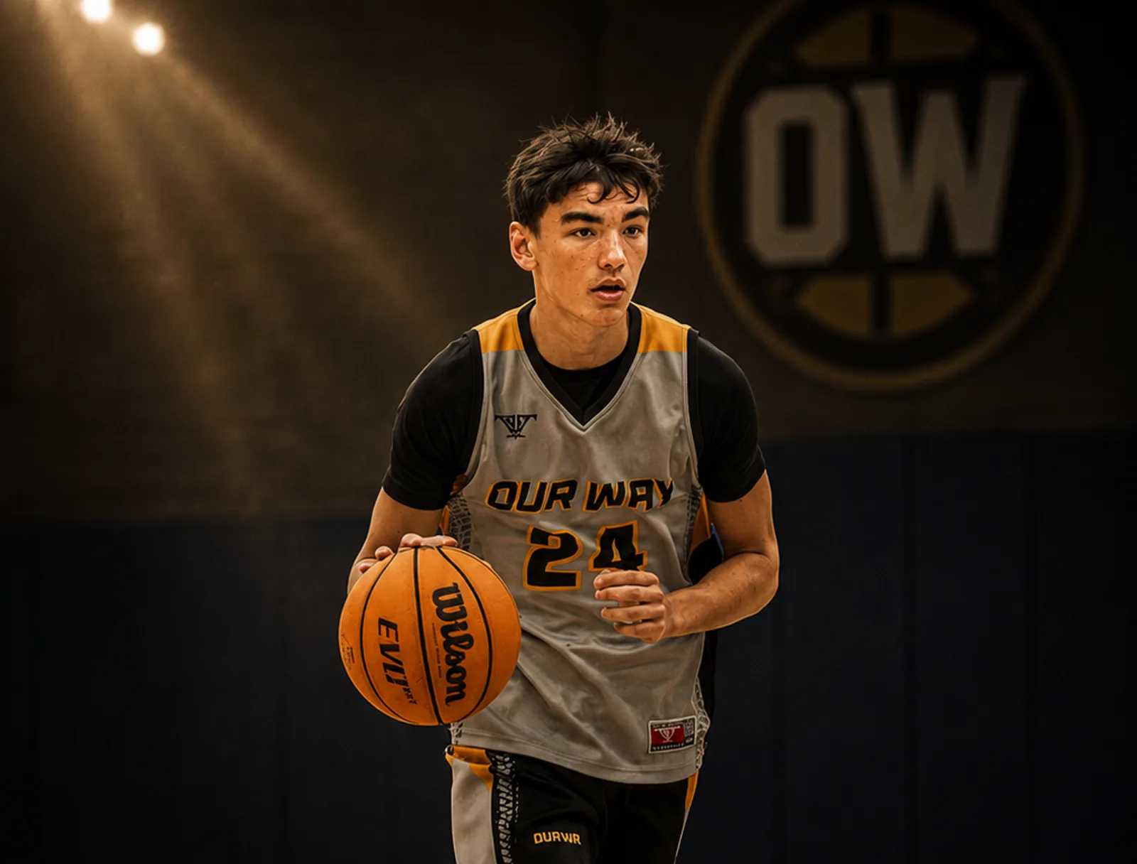 OW player working alone with the ball in an empty gym beneath the OW logo