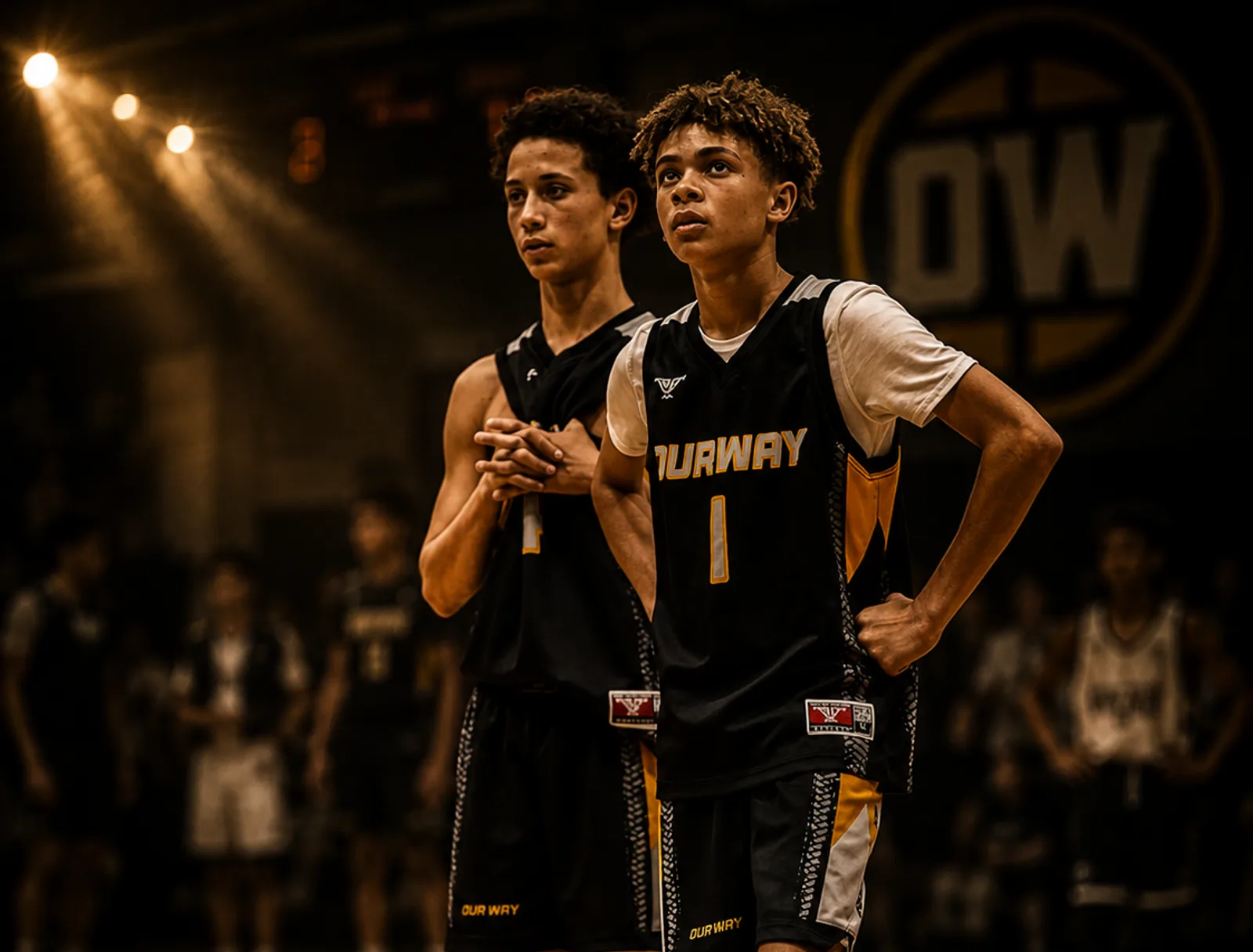 Two OW players standing composed on the court beneath the OW logo between plays