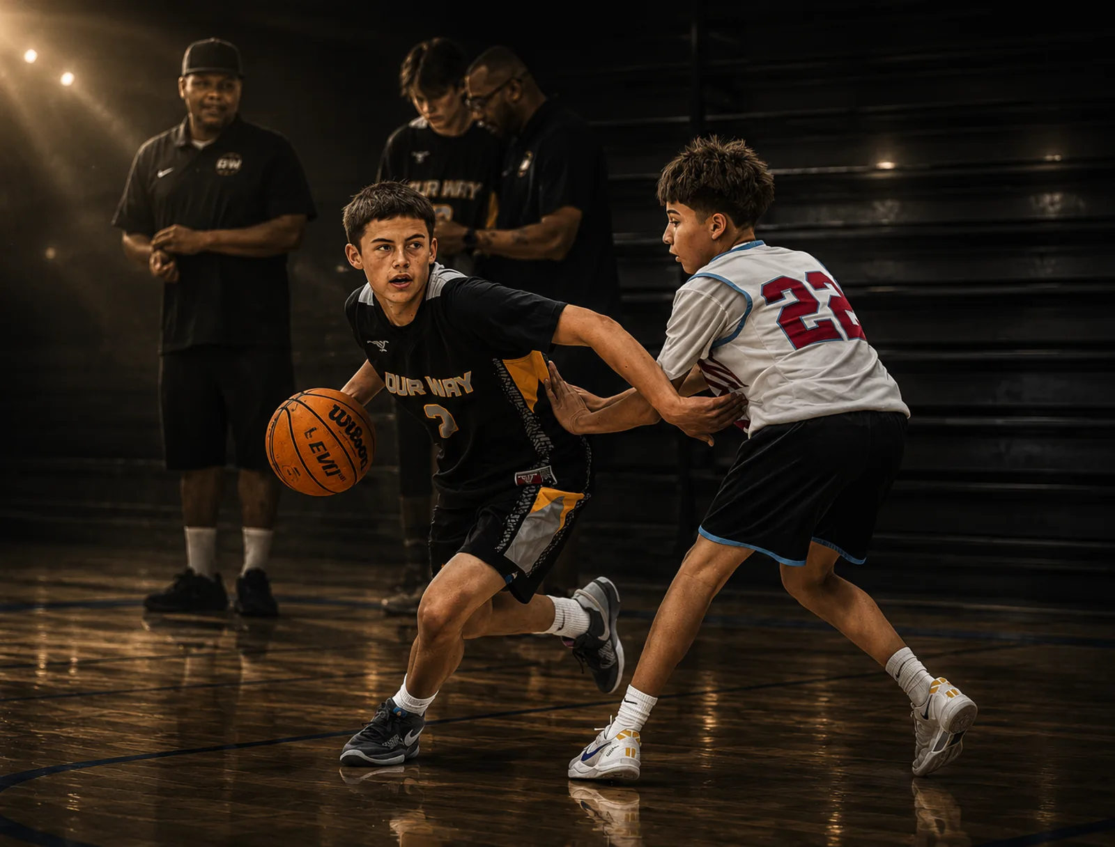 OW guard driving past a defender in a live game, coaches watching from the sideline