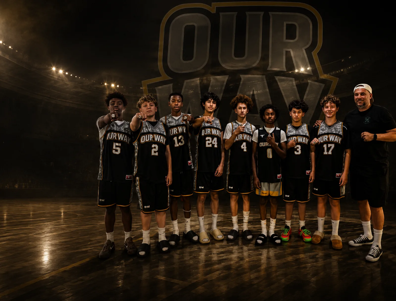 The full OW roster and coach on court, championship rings raised to camera